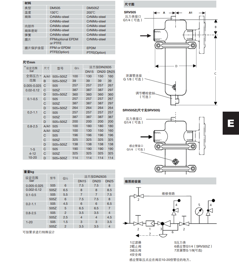 减压阀SRV505和SRV505Z尺寸重量