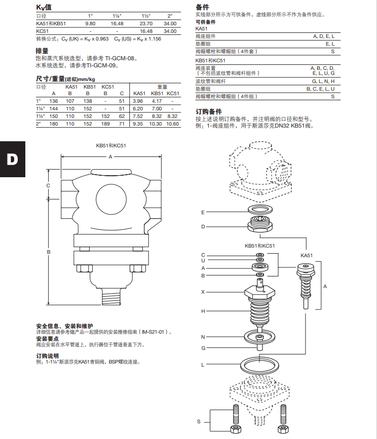 KA51,KB51和KC51青铜自作用温度控制阀尺寸重量