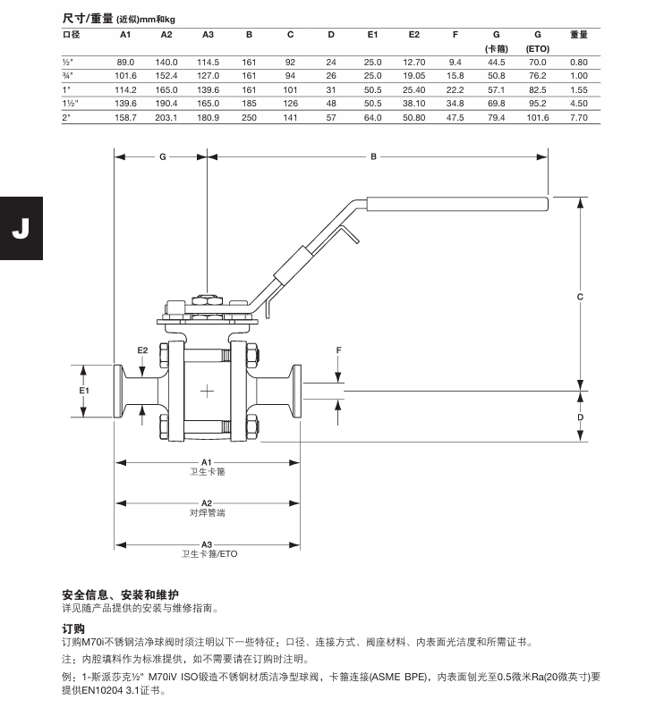 棋牌平台M70i ISO不锈钢材质洁净型球阀尺寸重量
