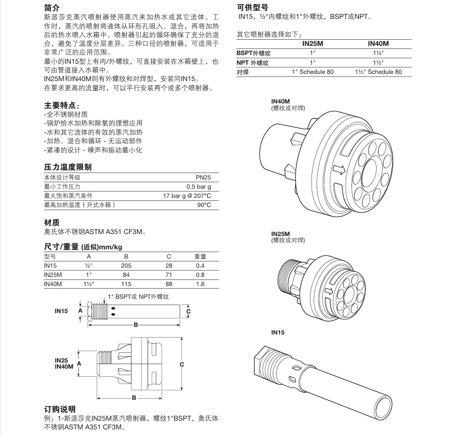 棋牌平台蒸汽喷射器IN15、IN25M、IN40M技术参数